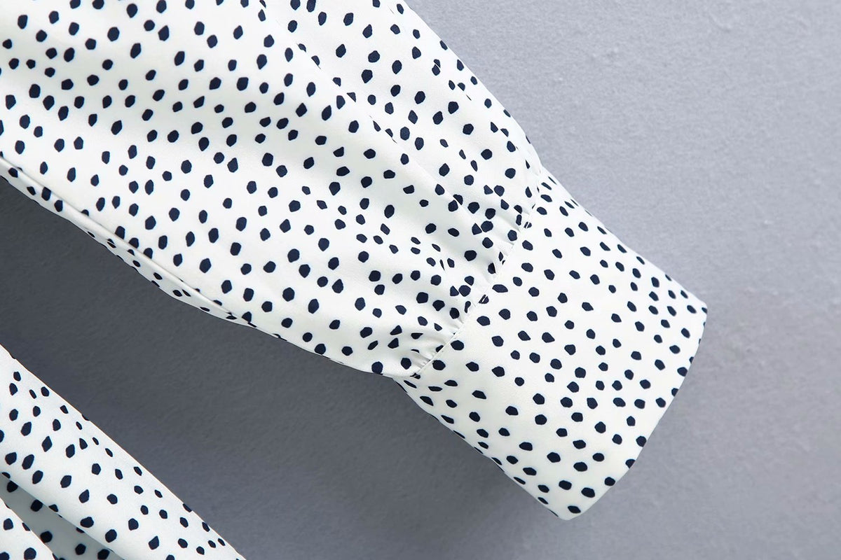 Polka Dot Shirred Frill Shoulder Pad Midi Dresses
