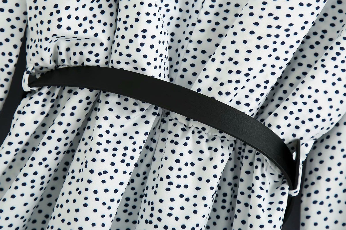 Polka Dot Shirred Frill Shoulder Pad Midi Dresses