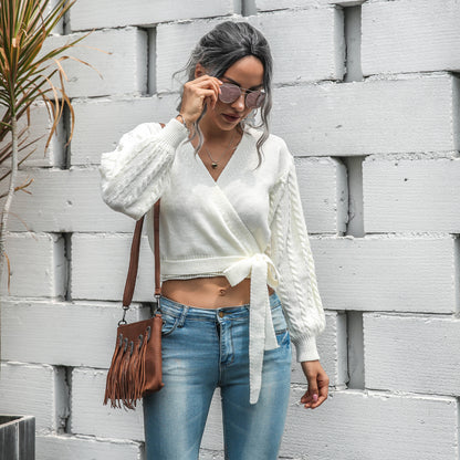 Lantern Sleeve Bow Tie Knitting Sweaters