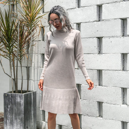 High-collared Ruffled Knit Pleated Sweater Mini Dresses