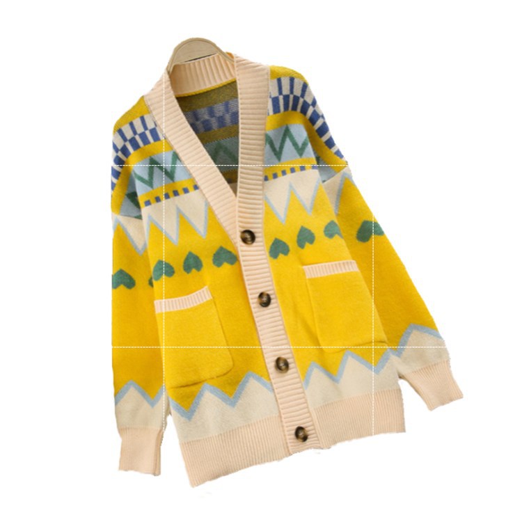Argyle Pattern Geometry Contrast Color Cardigan Knit Sweater Outerwear