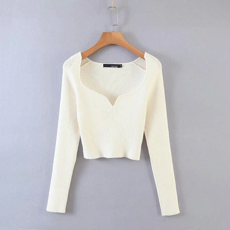 Heart Shape Collar Knit Crop Tops Vintage Sweaters Blouses