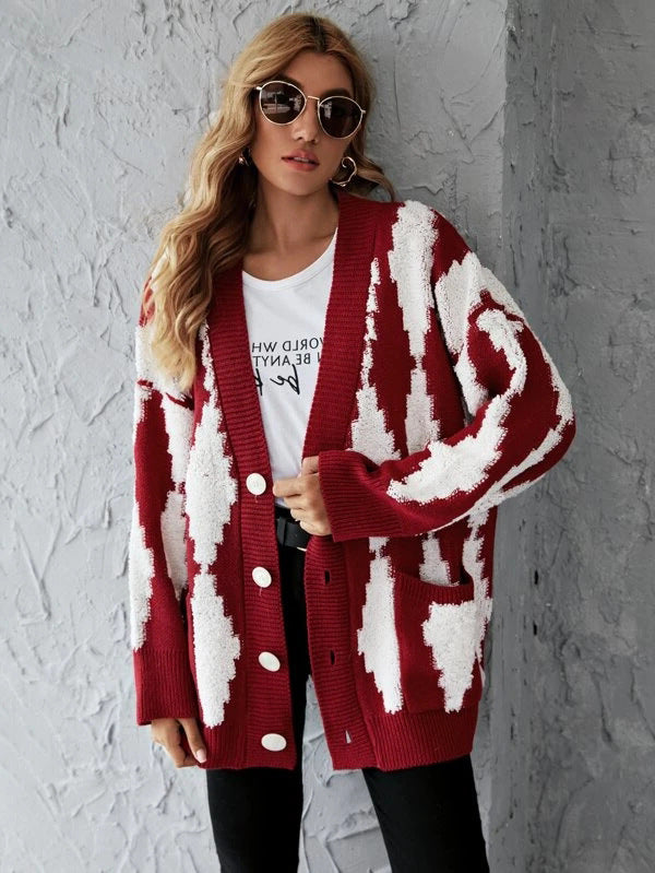 V-neck Single-breasted Contrast Color Argyle Pattern Cardigan Sweater