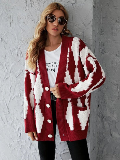 V-neck Single-breasted Contrast Color Argyle Pattern Cardigan Sweater