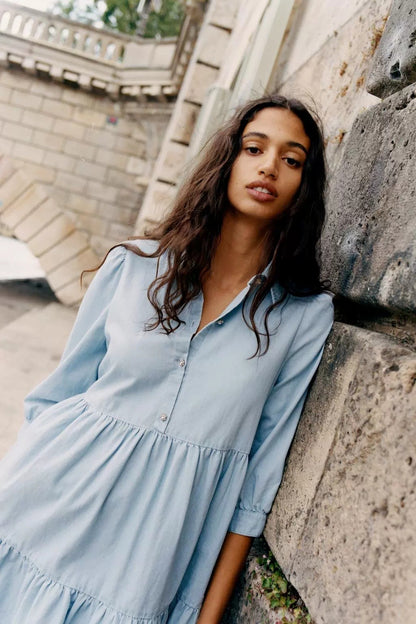 Single-breasted Pile Collar Denim Mini Dresses