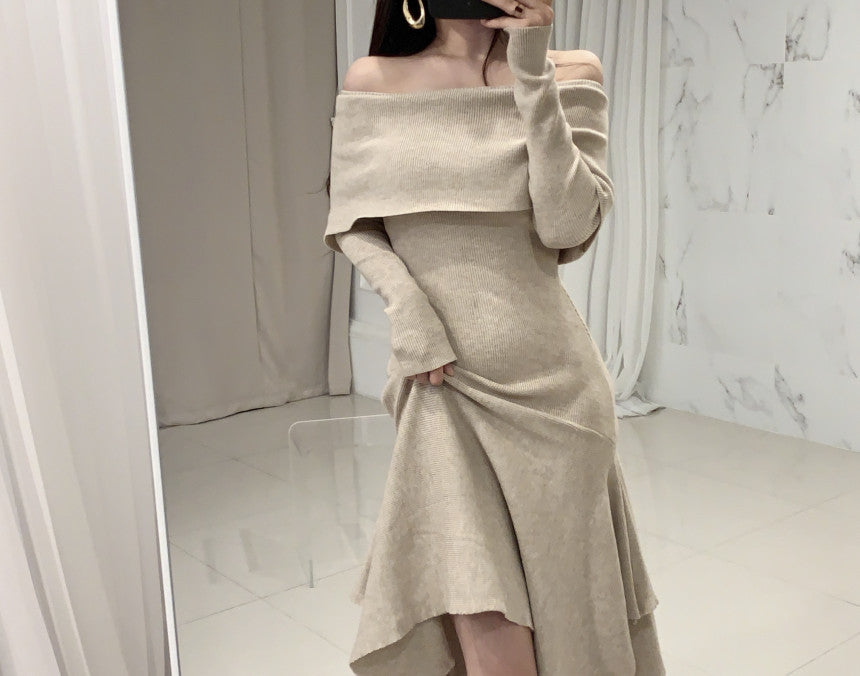 Off Shoulder Fishtail Sweater Knit Midi Dress