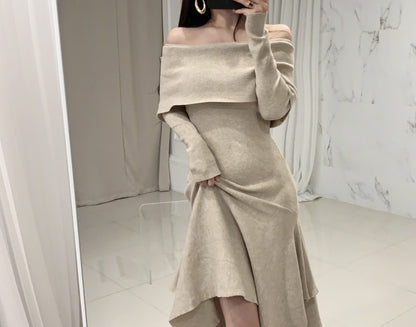 Off Shoulder Fishtail Sweater Knit Midi Dress