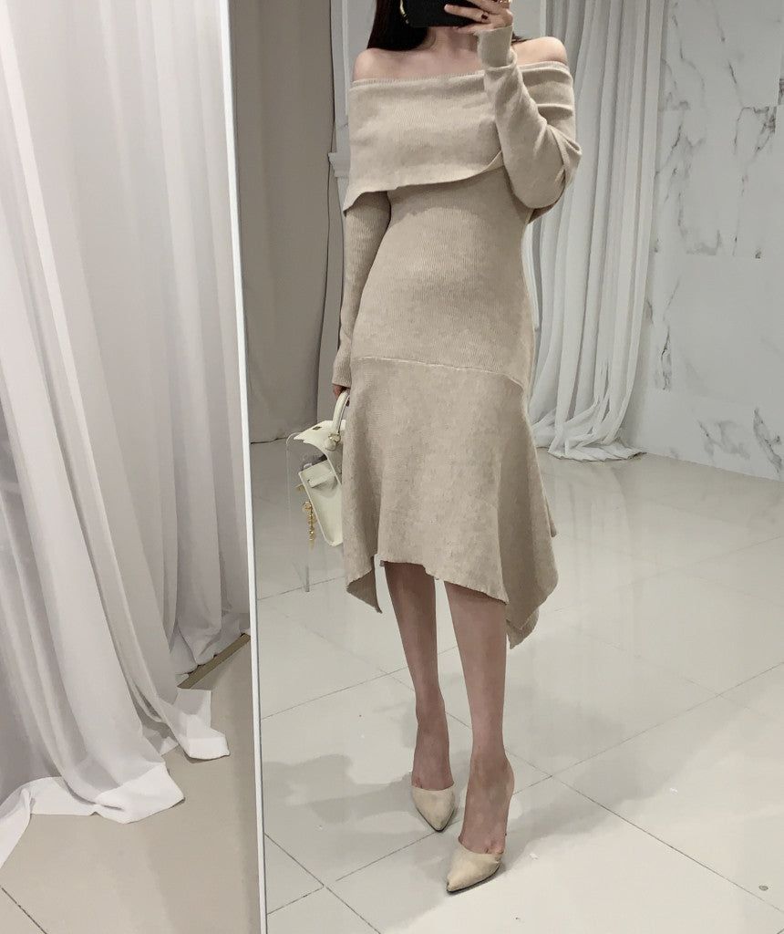 Off Shoulder Fishtail Sweater Knit Midi Dress