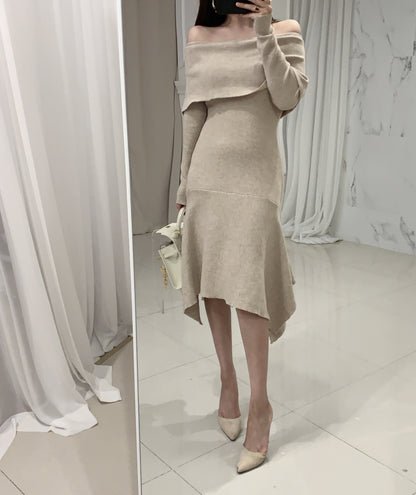 Off Shoulder Fishtail Sweater Knit Midi Dress