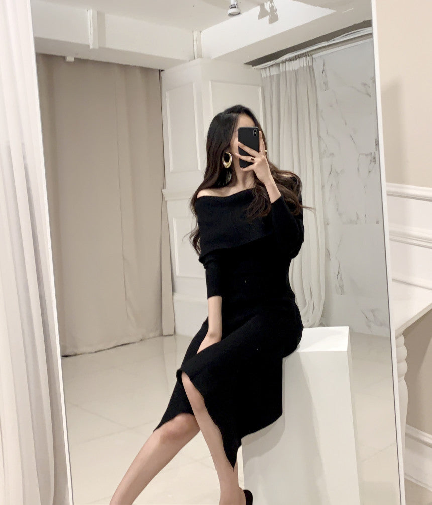 Off Shoulder Fishtail Sweater Knit Midi Dress