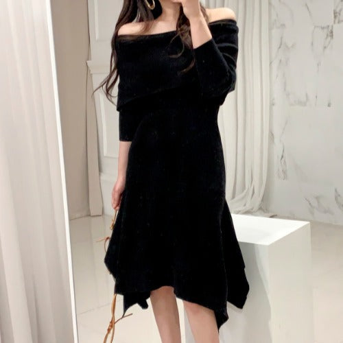 Off Shoulder Fishtail Sweater Knit Midi Dress