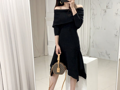 Off Shoulder Fishtail Sweater Knit Midi Dress