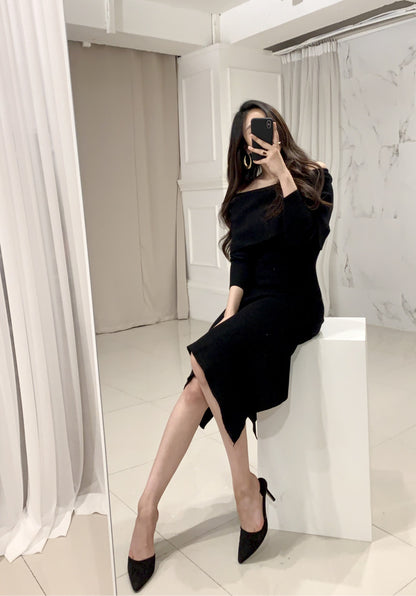 Off Shoulder Fishtail Sweater Knit Midi Dress