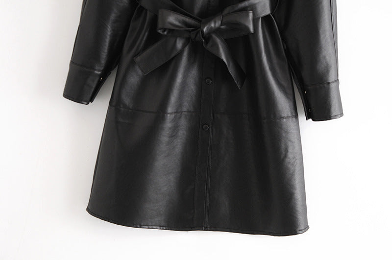 Lapel Collar Leather Single-breasted Outerwear Belted Coat