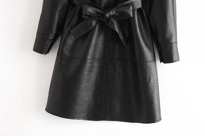 Lapel Collar Leather Single-breasted Outerwear Belted Coat
