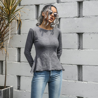 Ruffled Knit Slim-type Round Neck Sweaters