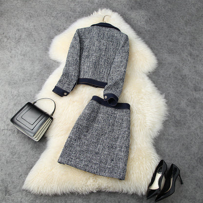 Blue Splicing Denim Single-breasted Coat Skirt Two-piece Set