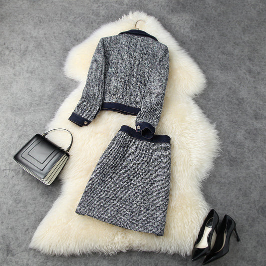 Blue Splicing Denim Single-breasted Coat Skirt Two-piece Set