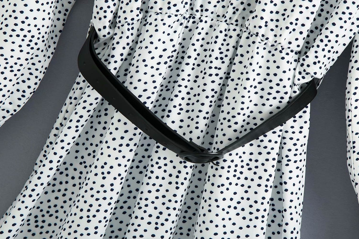 Polka Dot Shirred Frill Shoulder Pad Midi Dresses