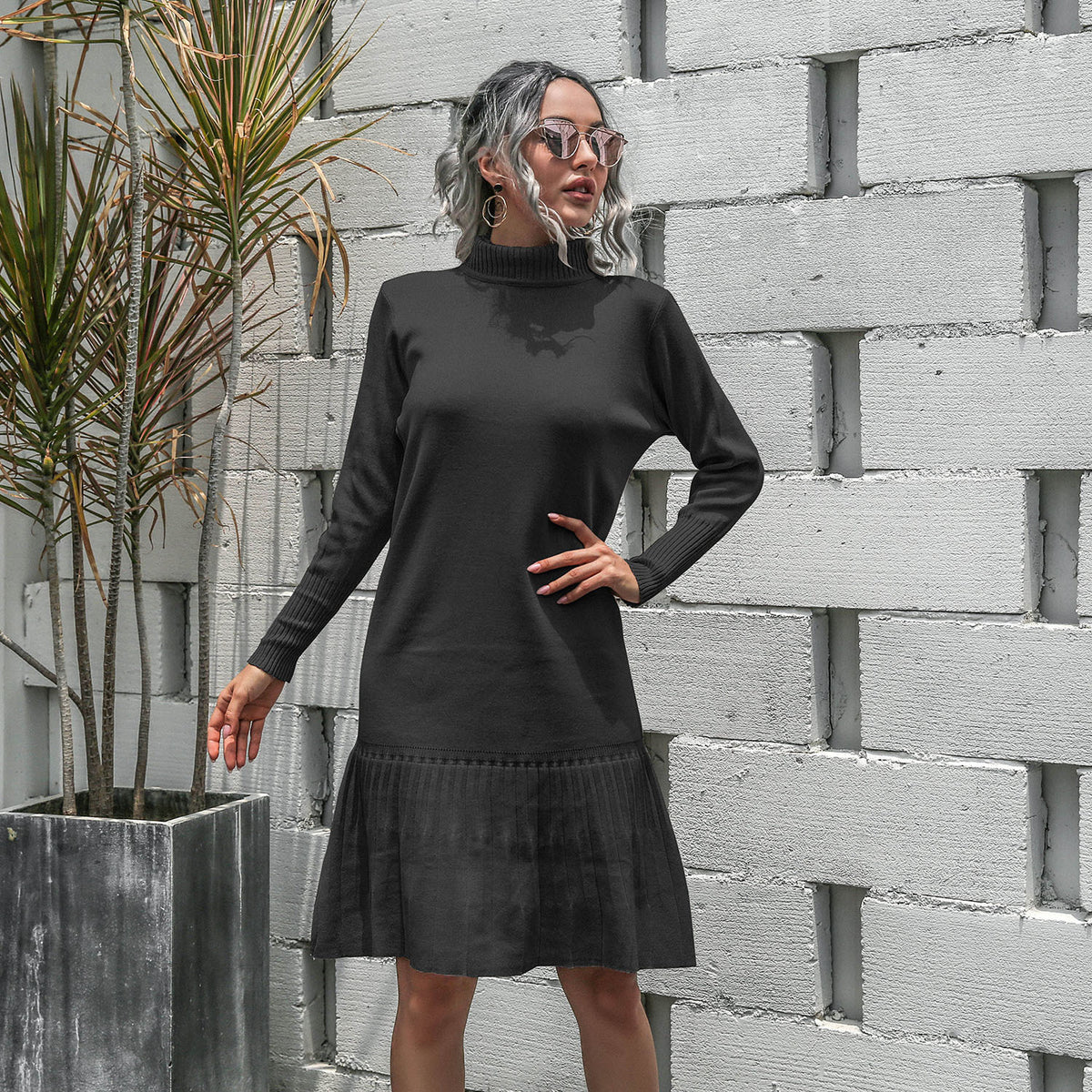 High-collared Ruffled Knit Pleated Sweater Mini Dresses