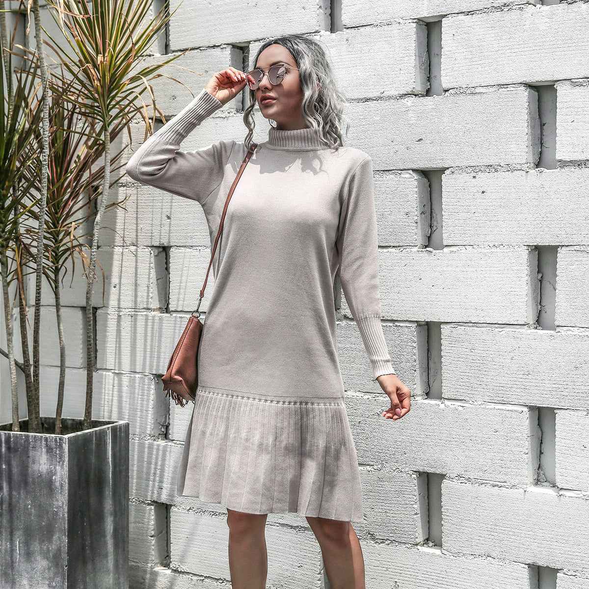 High-collared Ruffled Knit Pleated Sweater Mini Dresses