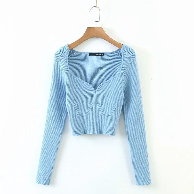 Heart Shape Collar Knit Crop Tops Vintage Sweaters Blouses