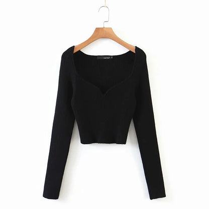 Heart Shape Collar Knit Crop Tops Vintage Sweaters Blouses