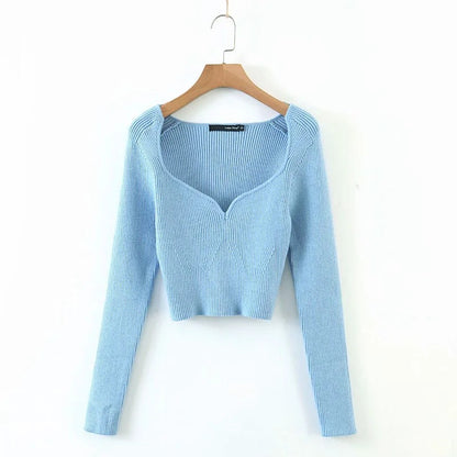 Heart Shape Collar Knit Crop Tops Vintage Sweaters Blouses