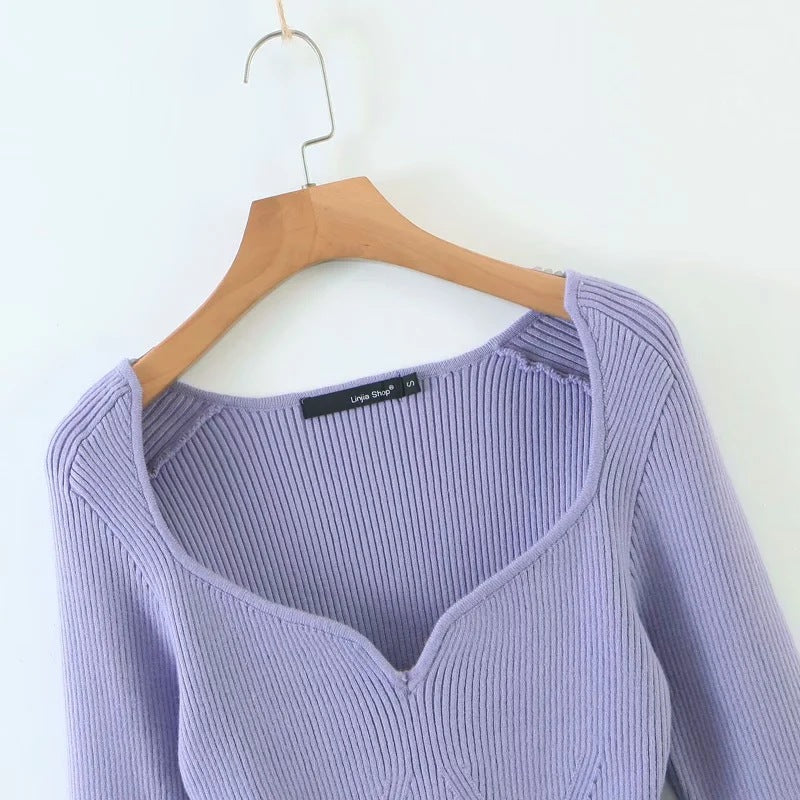 Heart Shape Collar Knit Crop Tops Vintage Sweaters Blouses