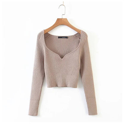 Heart Shape Collar Knit Crop Tops Vintage Sweaters Blouses