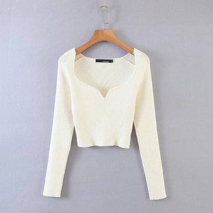 Heart Shape Collar Knit Crop Tops Vintage Sweaters Blouses