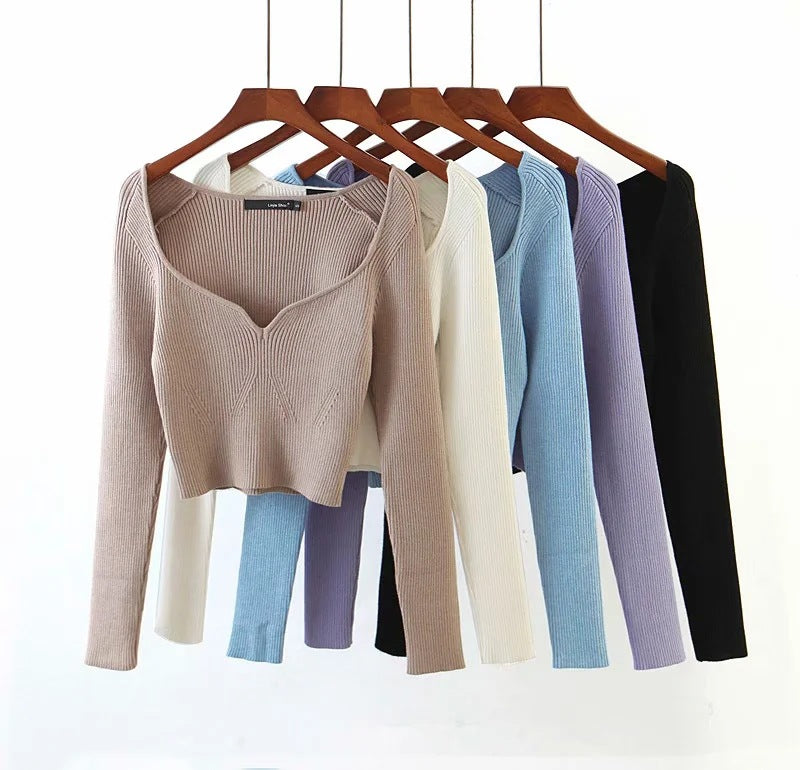 Heart Shape Collar Knit Crop Tops Vintage Sweaters Blouses