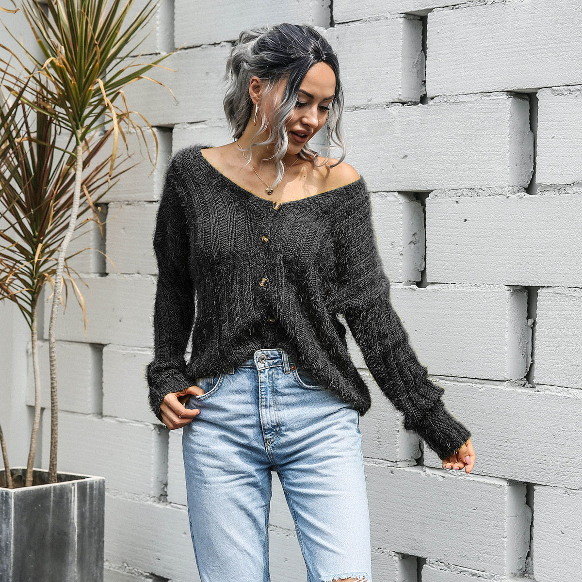 V-neck Single-breasted Knit Sweaters Cardigans