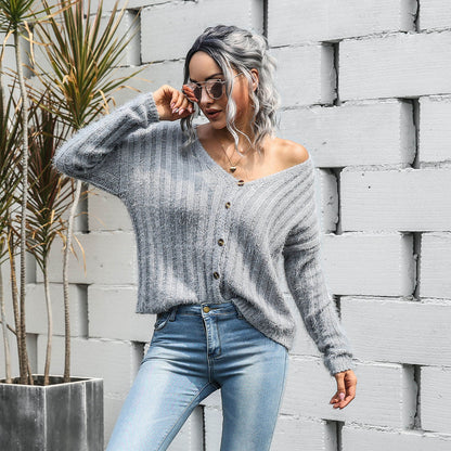 V-neck Single-breasted Knit Sweaters Cardigans