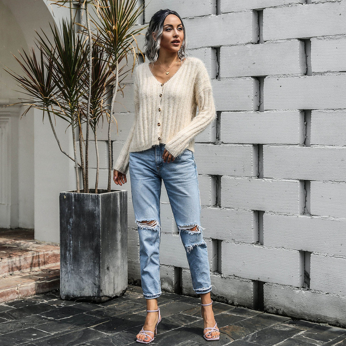 V-neck Single-breasted Knit Sweaters Cardigans