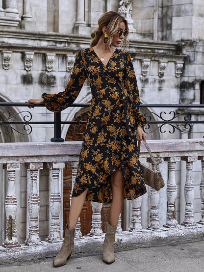 Ruffled V-neck Floral Puff Sleeve Midi Dresses