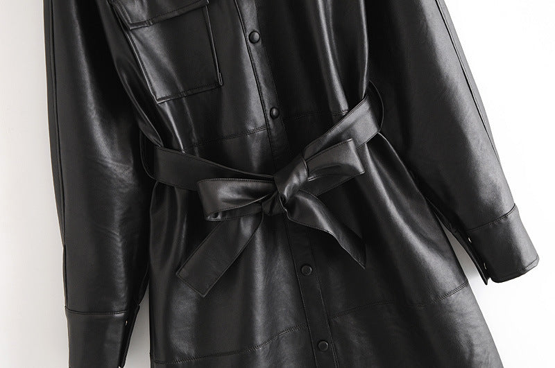 Lapel Collar Leather Single-breasted Outerwear Belted Coat