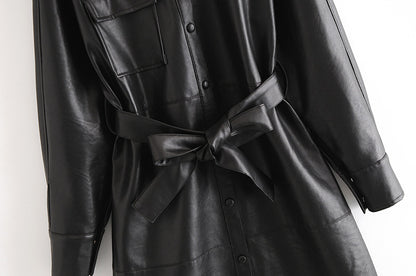 Lapel Collar Leather Single-breasted Outerwear Belted Coat
