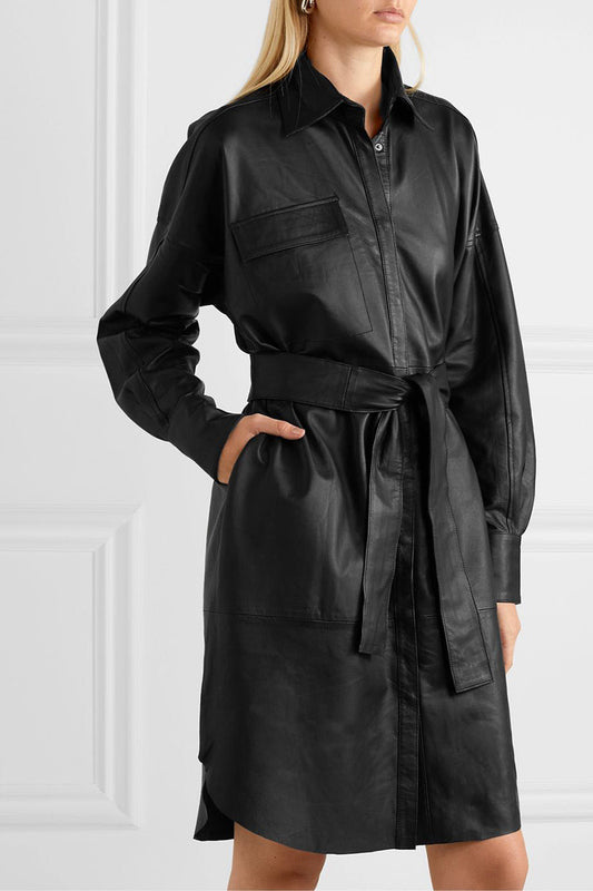 Lapel Collar Leather Single-breasted Outerwear Belted Coat