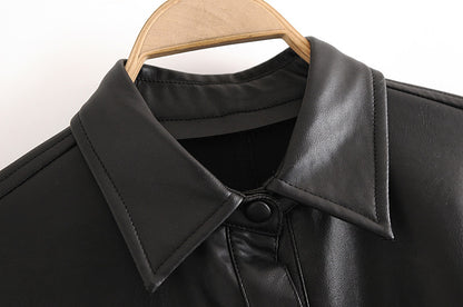 Lapel Collar Leather Single-breasted Outerwear Belted Coat