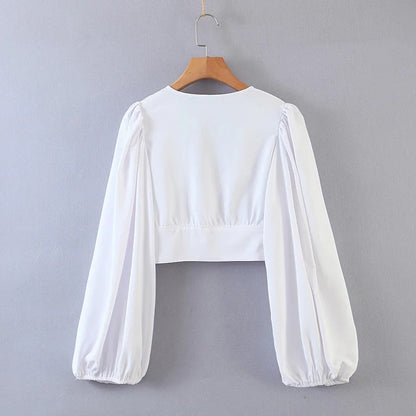 Vintage V-neck Loose Lantern Sleeve Single-breasted Blouse