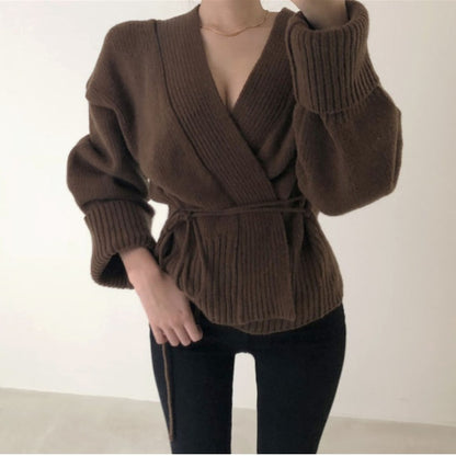 V-neck Lace-up Pit Striped Splicing Sweaters