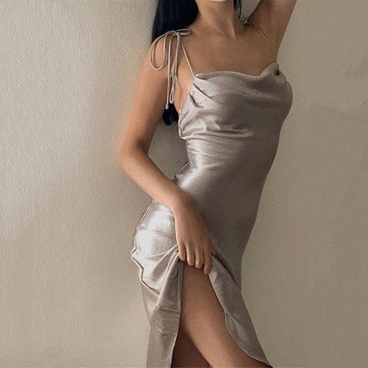 Strappy Satin Irregular Hem Backless Midi Dresses