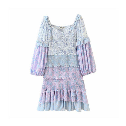 Ruffled Lantern Sleeve Splicing Backless Mini Floral Dresses