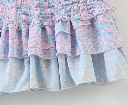 Ruffled Lantern Sleeve Splicing Backless Mini Floral Dresses