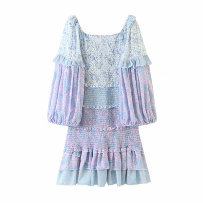 Ruffled Lantern Sleeve Splicing Backless Mini Floral Dresses
