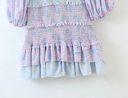 Ruffled Lantern Sleeve Splicing Backless Mini Floral Dresses