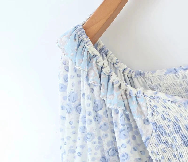 Ruffled Lantern Sleeve Splicing Backless Mini Floral Dresses