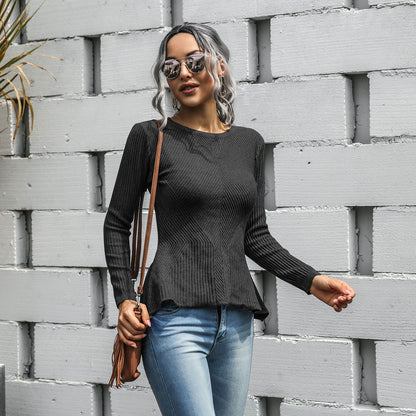 Ruffled Knit Slim-type Round Neck Sweaters