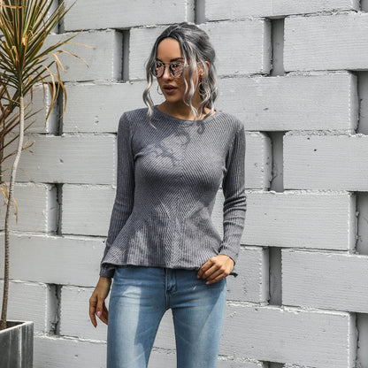 Ruffled Knit Slim-type Round Neck Sweaters